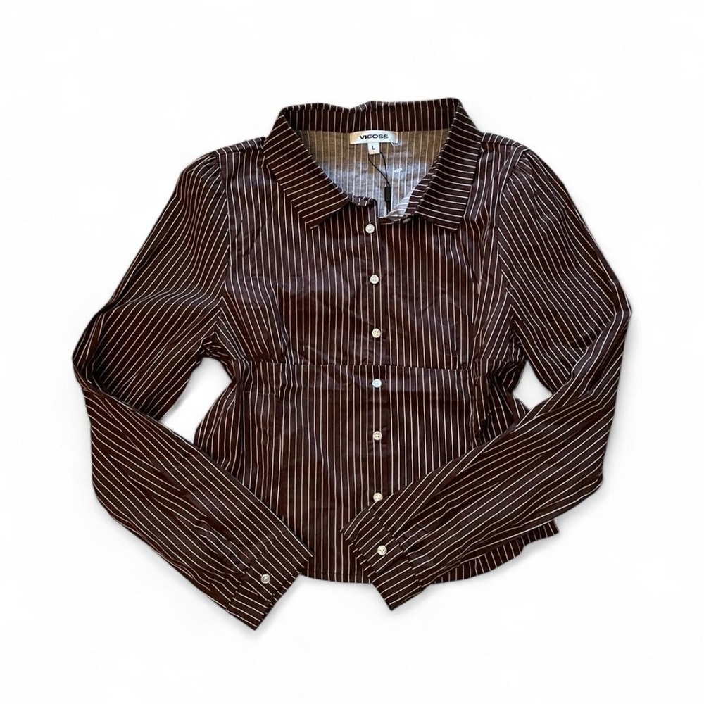 Vigoss Brown & white striped button-up long sleeve blouse, size Large NWT